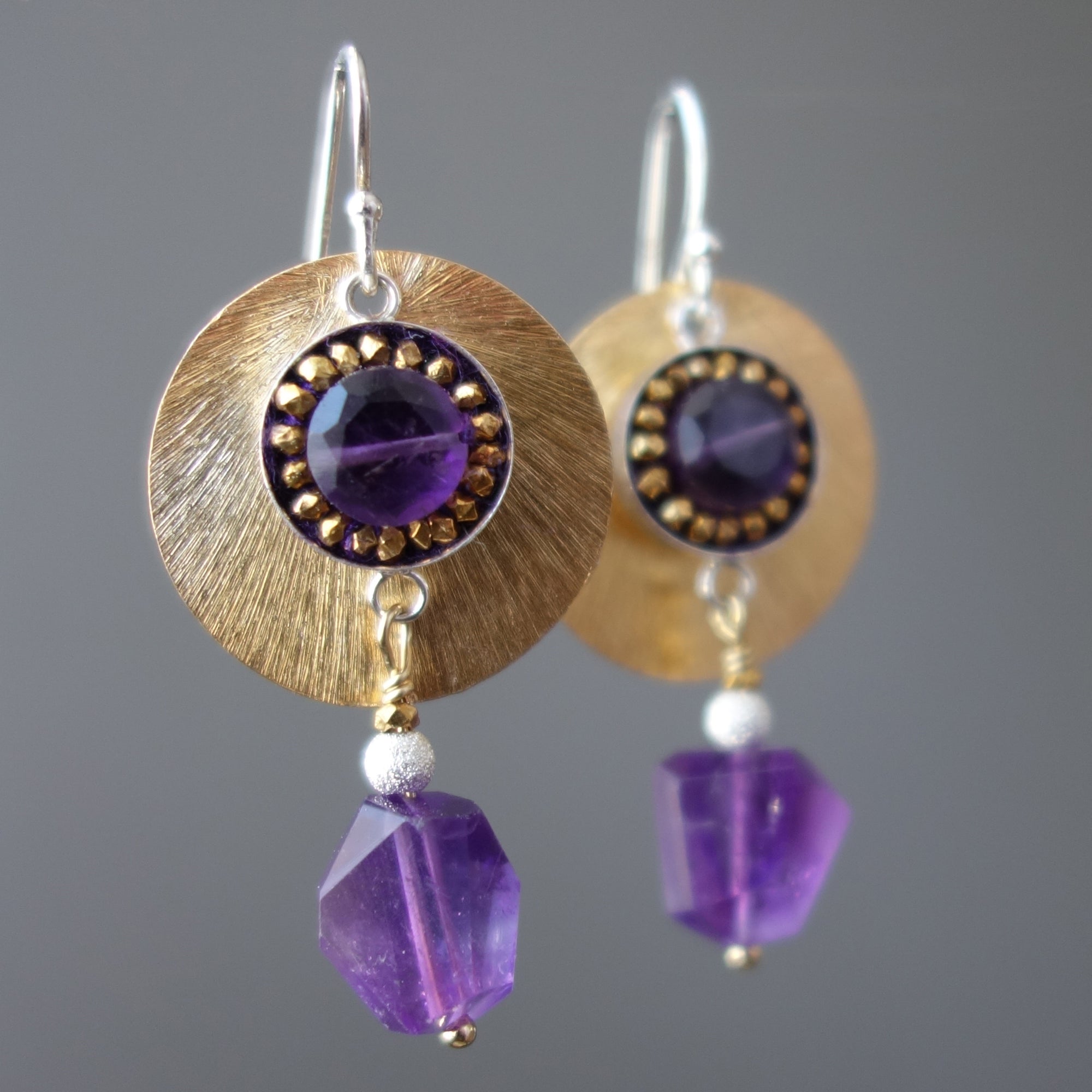 Amethyst and Brushed Gold mosaic earring