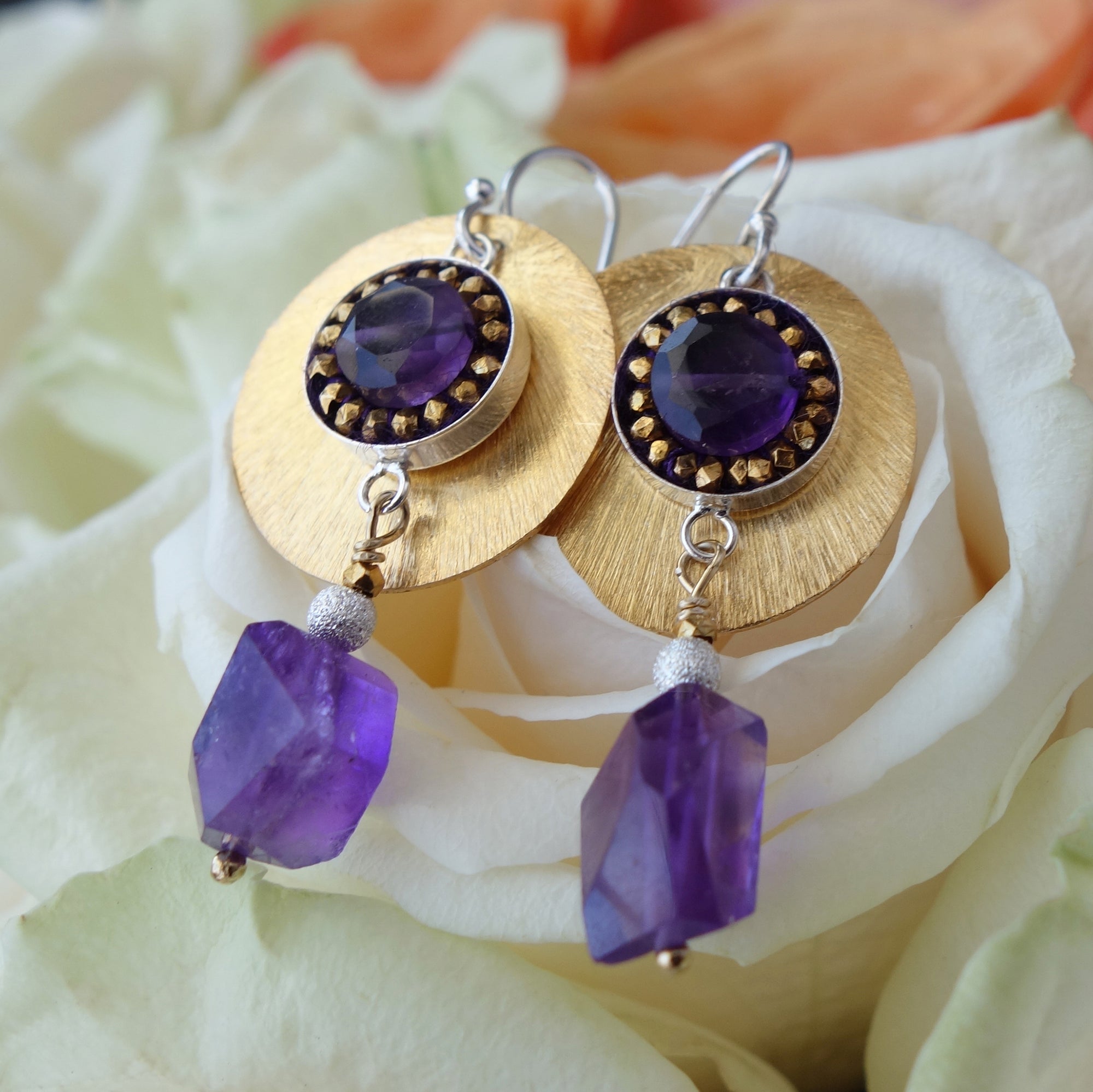 Amethyst and Brushed Gold mosaic earring