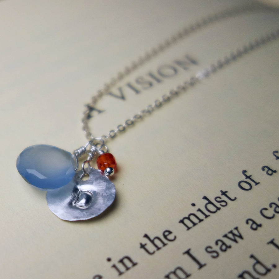 Hand stamped initial on silver/gold with briolette and gem (school colors)