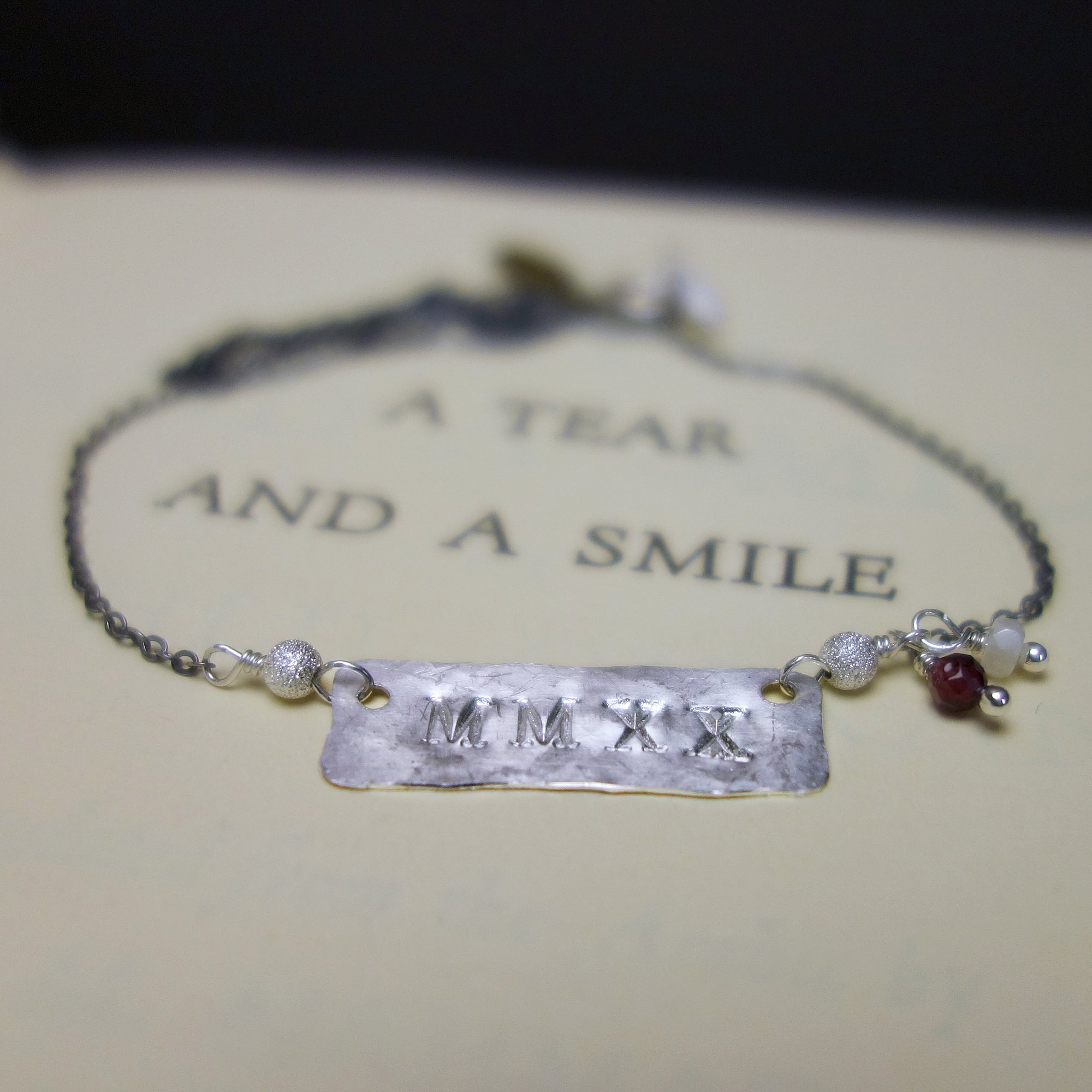 MMXXI stamped silver bracelet, with your school colors (gemstones)