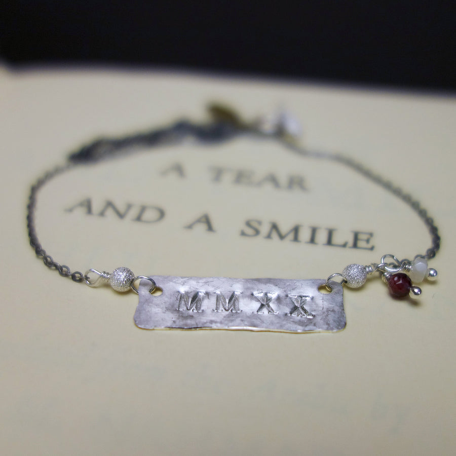 MMXXI stamped silver bracelet, with your school colors (gemstones)