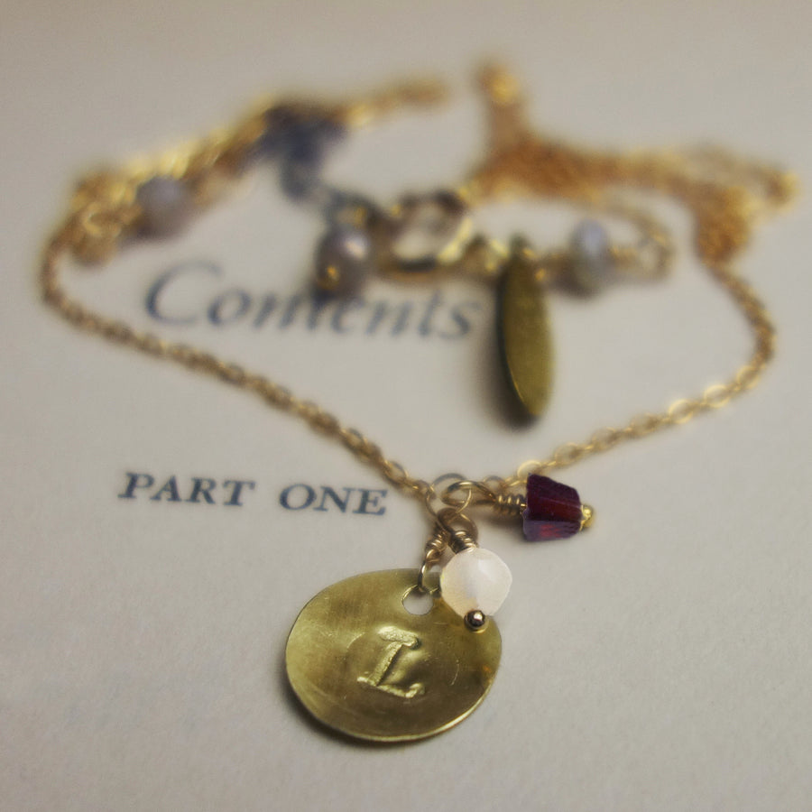 Hand stamped grad's first initial, school's gemstones (colors)