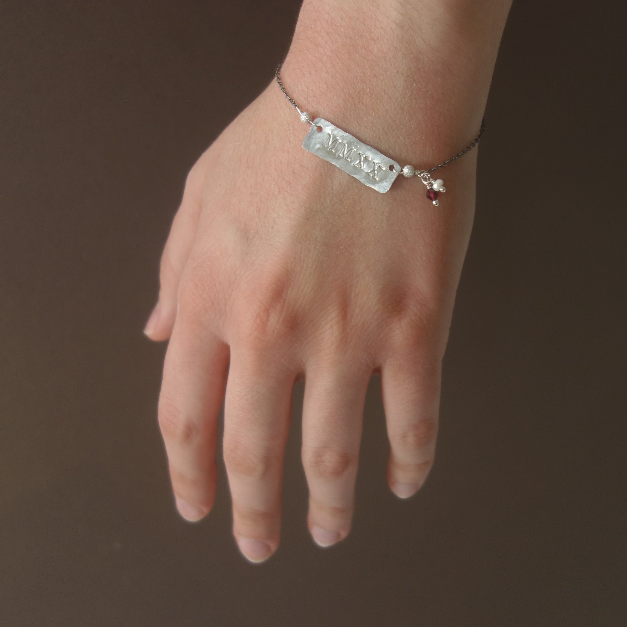 MMXXI stamped silver bracelet, with your school colors (gemstones)