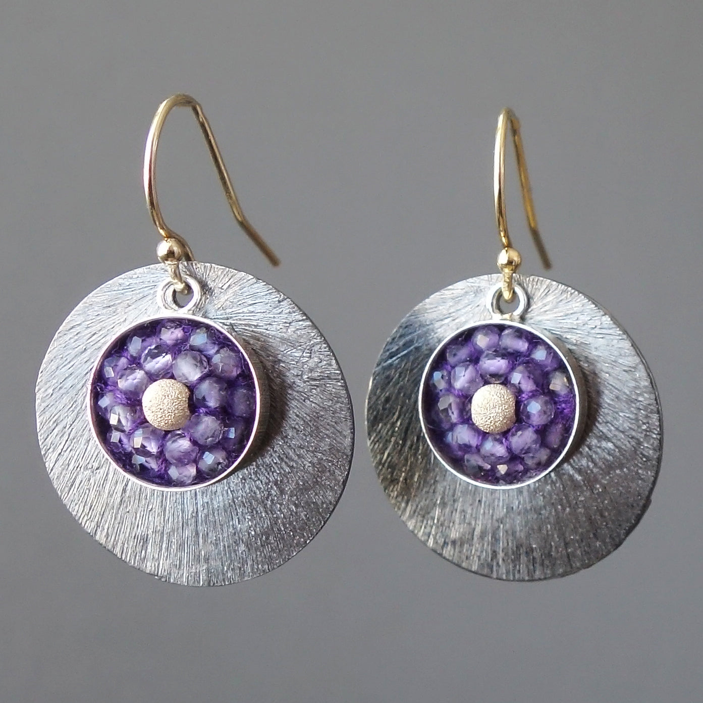 Amethyst and Gold Mosaic Earring with Oxidized Silver