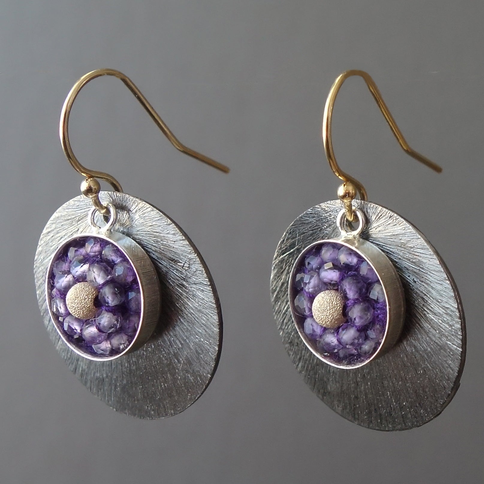 Amethyst and Gold Mosaic Earring with Oxidized Silver