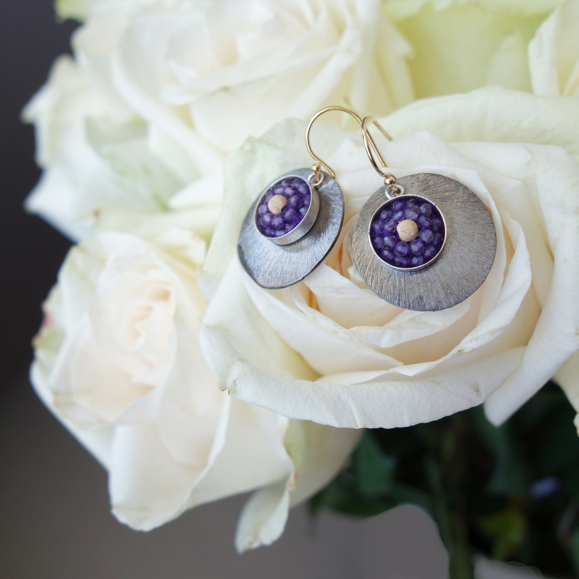 Amethyst and Gold Mosaic Earring with Oxidized Silver