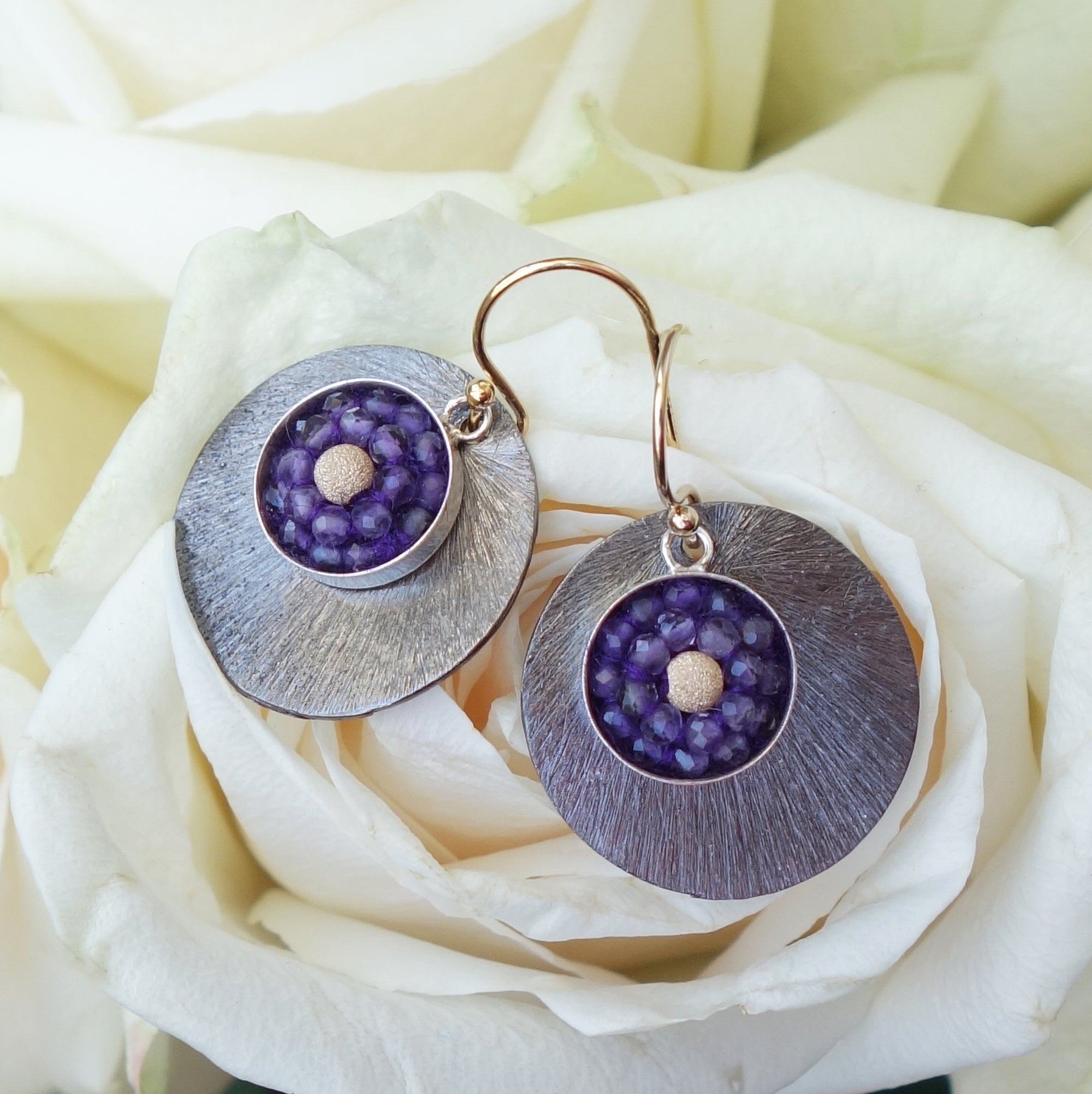 Amethyst and Gold Mosaic Earring with Oxidized Silver