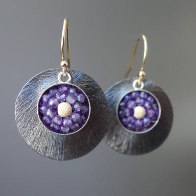 Amethyst and Gold Mosaic Earring with Oxidized Silver