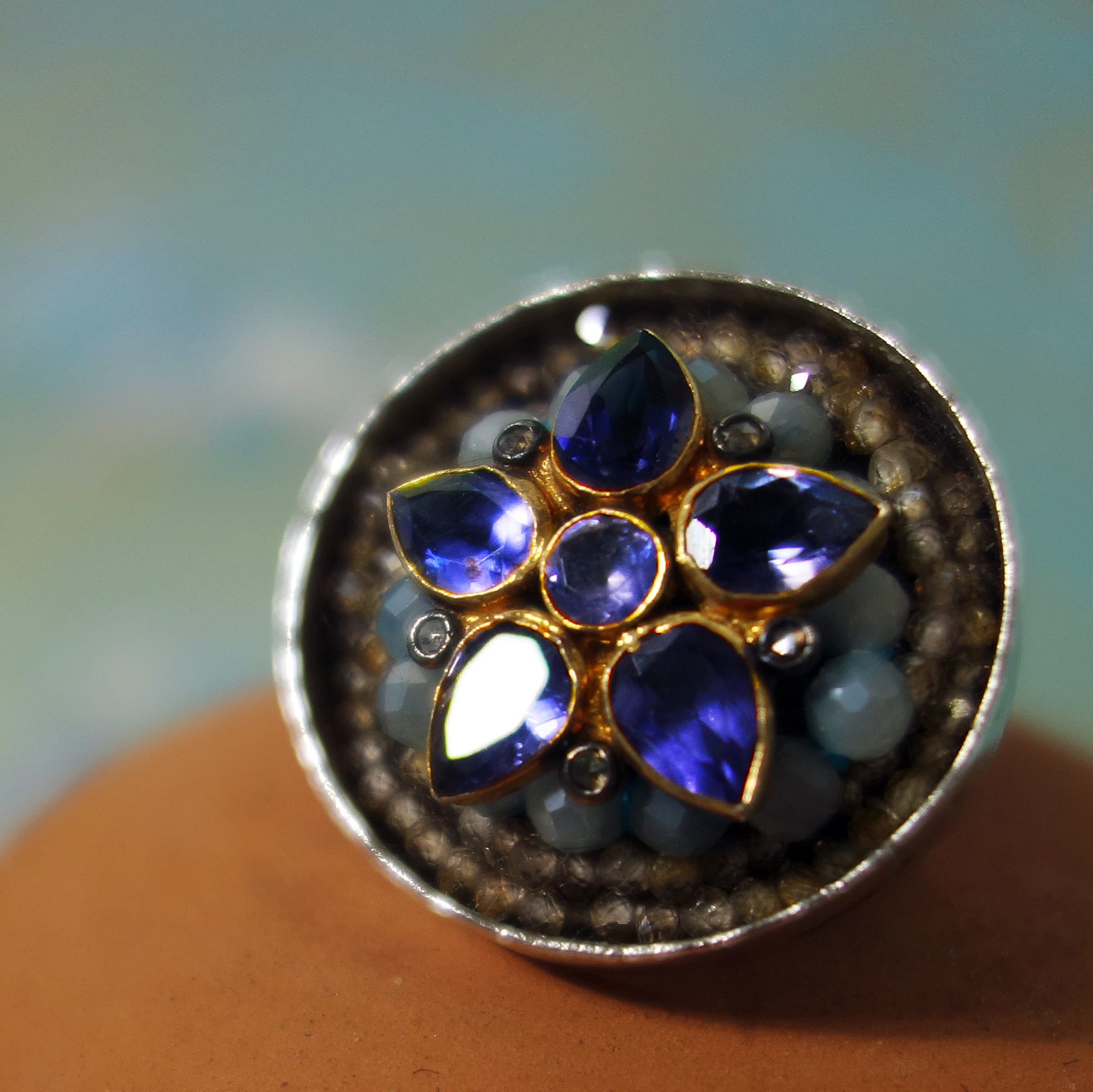 Iolite, Aquamarine and Diamond Mosaic Ring