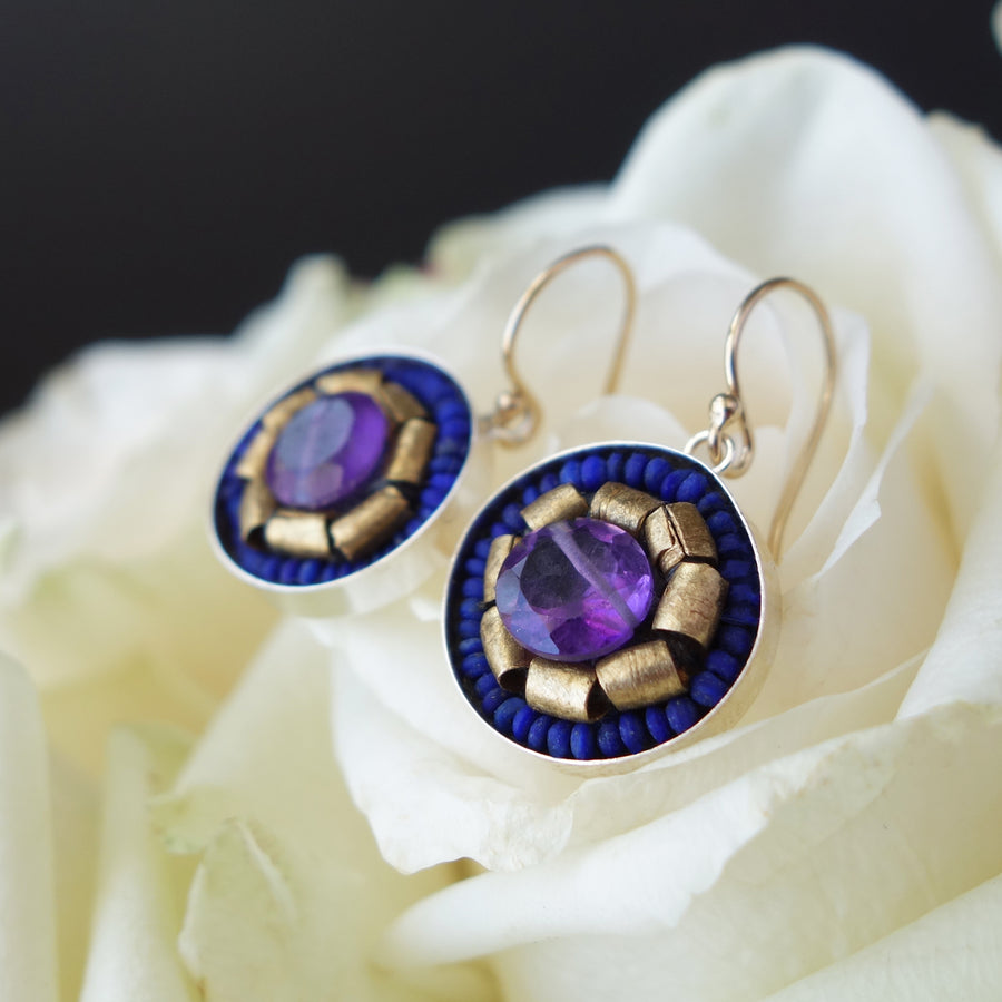 Amethyst, Gold, and Lapis Lazuli mosaic earring