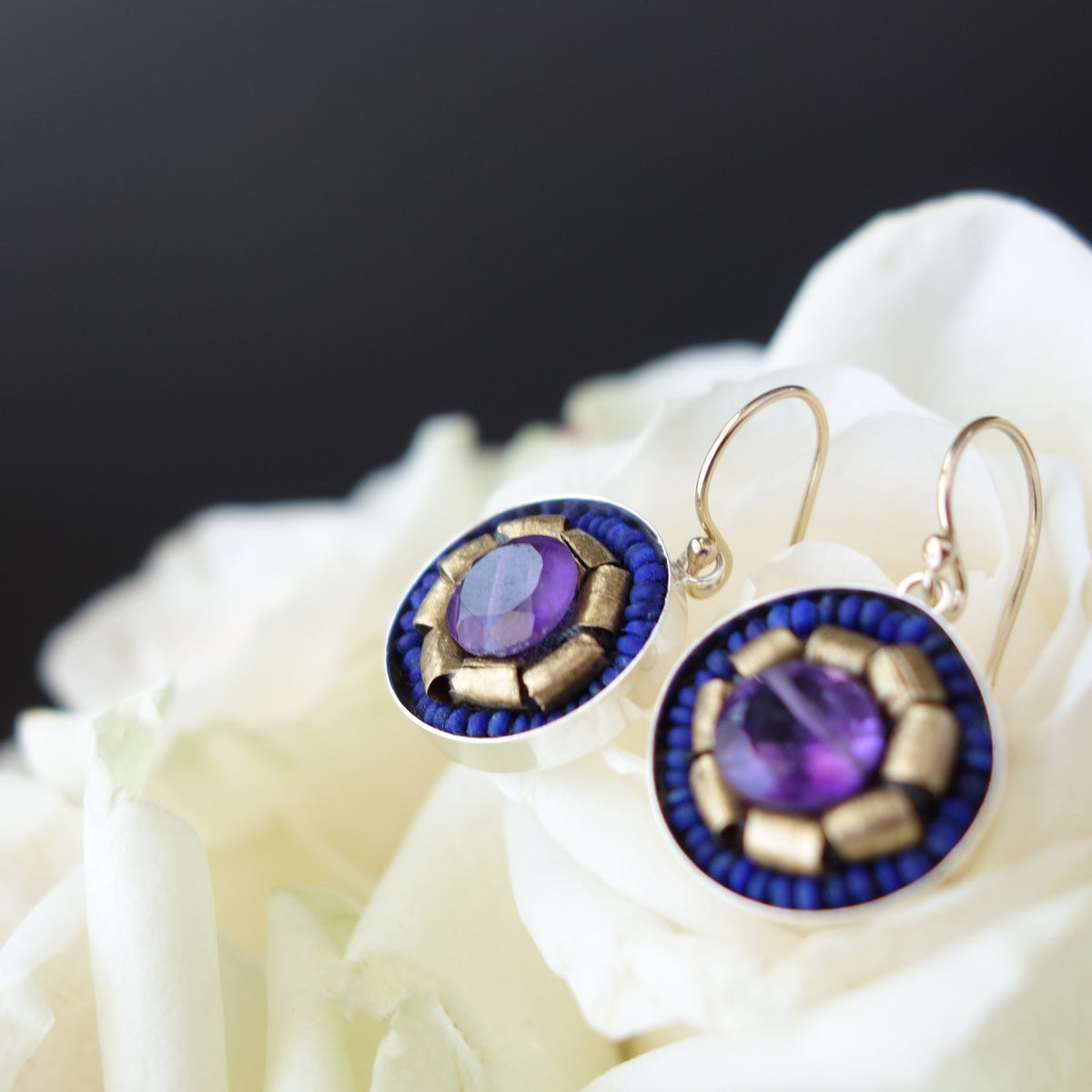 Amethyst, Gold, and Lapis Lazuli mosaic earring
