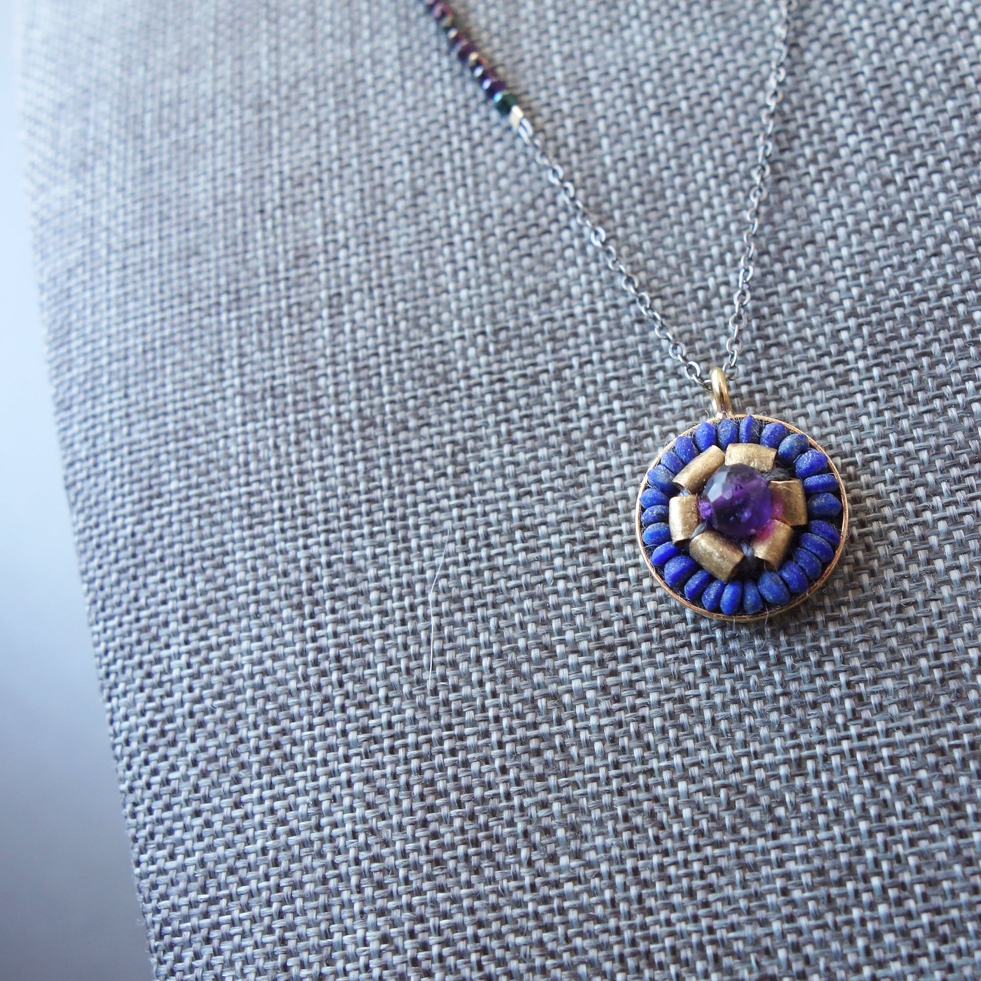 Amethyst, Gold, and Lapis mosaic pendant necklace