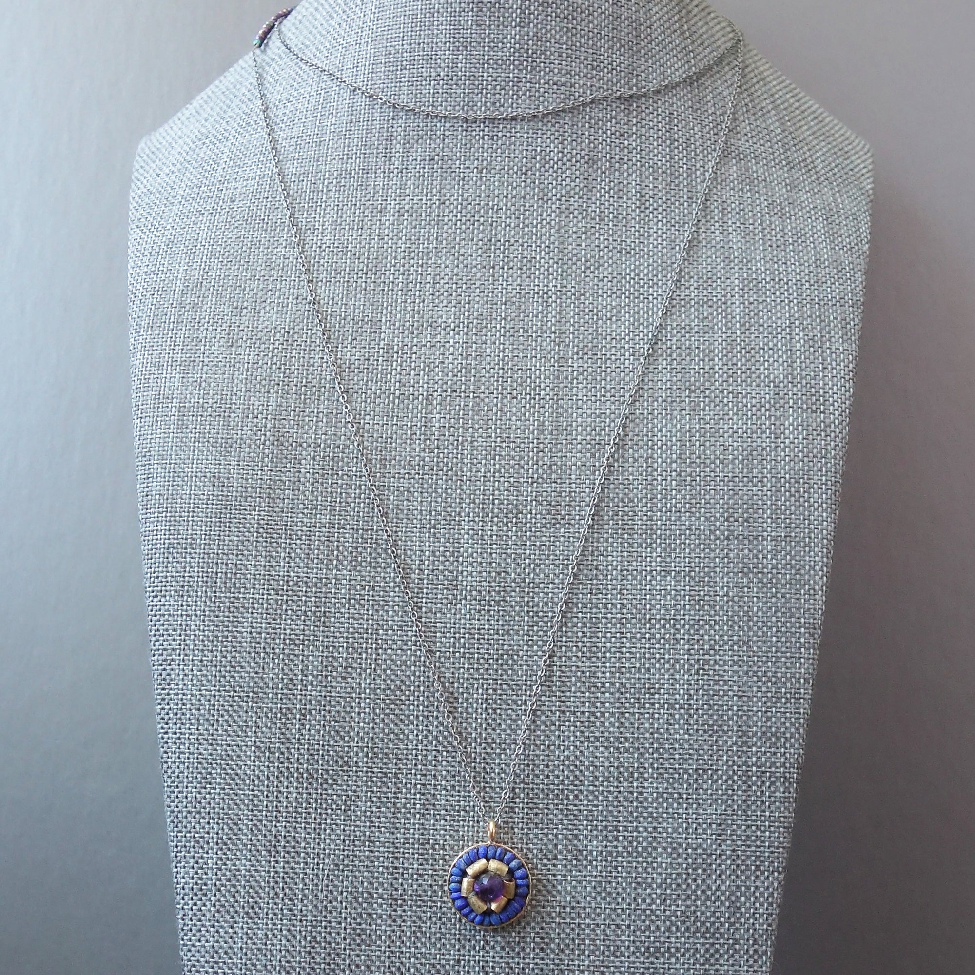 Amethyst, Gold, and Lapis mosaic pendant necklace