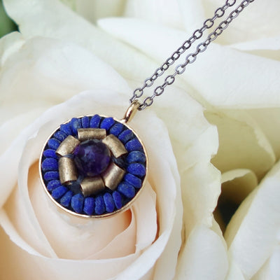 Amethyst, Gold, and Lapis mosaic pendant necklace