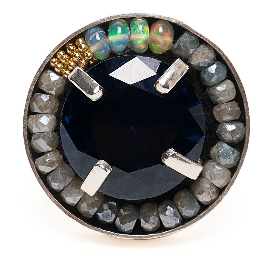 London Blue Topaz, Opals, and Gold mosaic ring