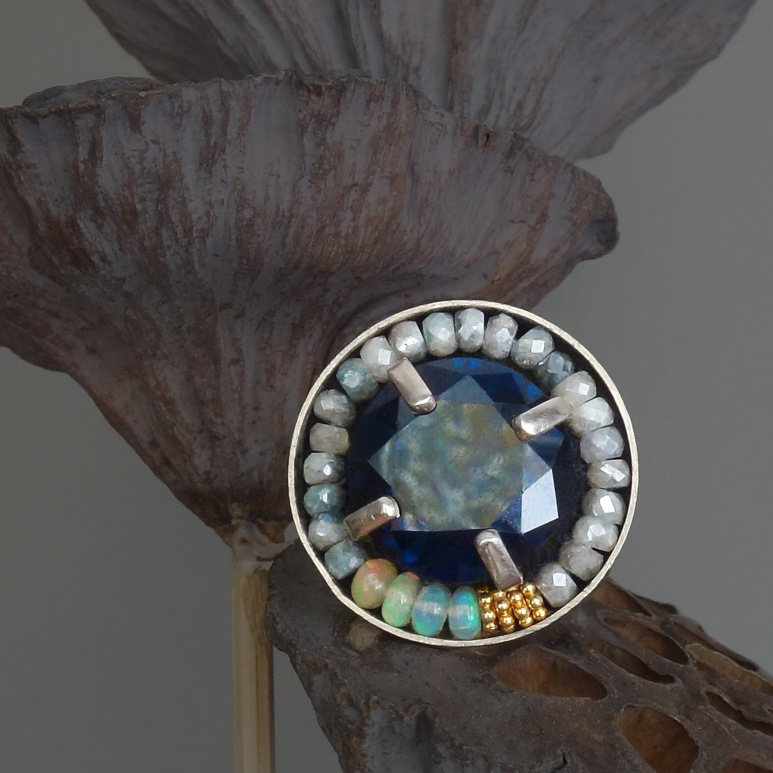 London Blue Topaz, Opals, and Gold mosaic ring