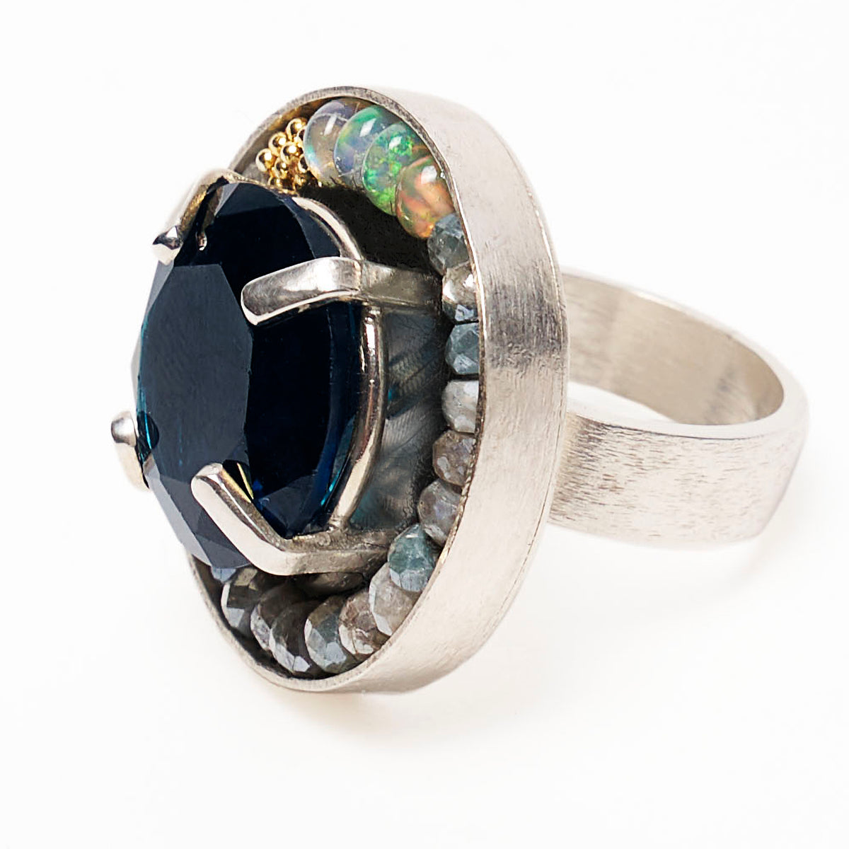 London Blue Topaz, Opals, and Gold mosaic ring