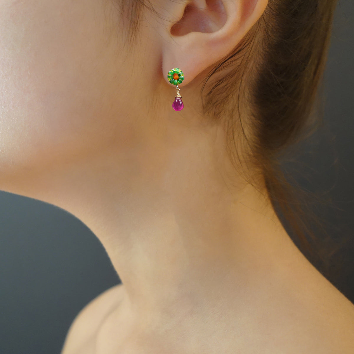 O What a Beautiful Morning: emerald, carnelian, and ruby mosaic earring