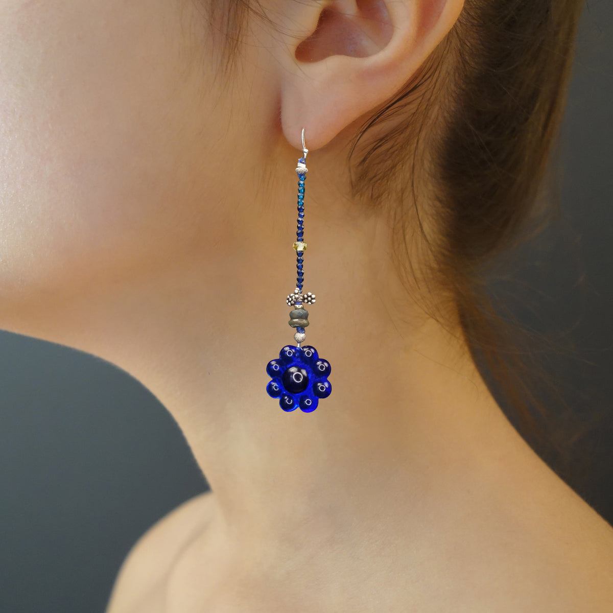 Queen of the Blues: black opal, apatite, and German glass ear