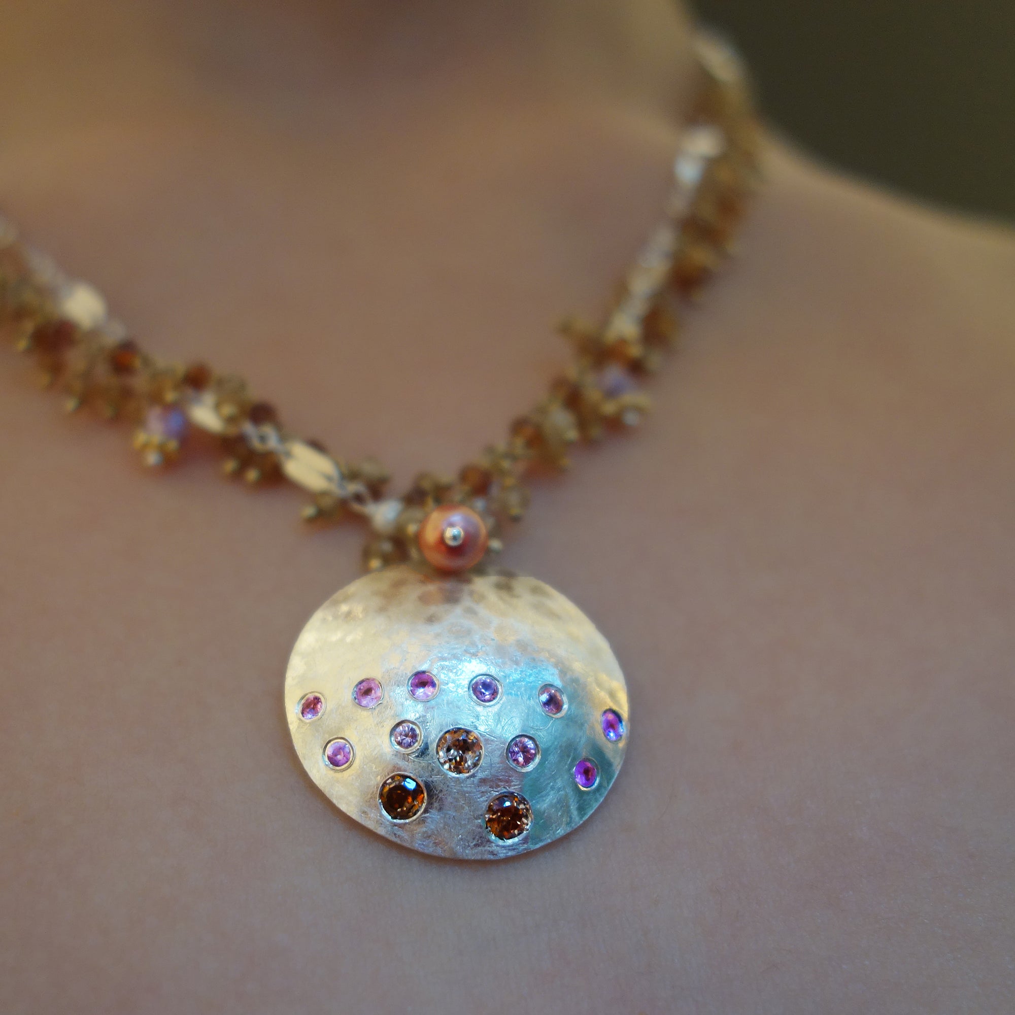 Star Light, Star Bright pink sapphire, zircon, and hessonite garnet necklace
