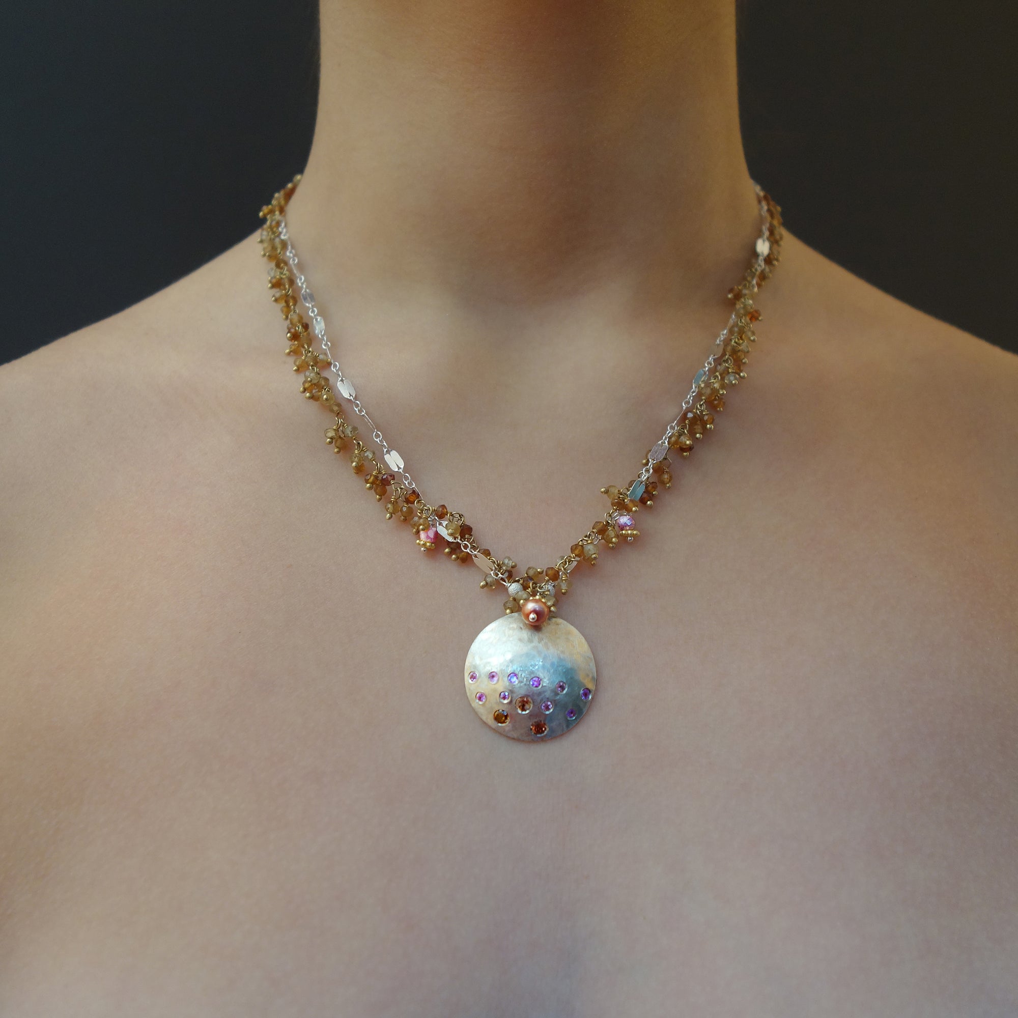 Star Light, Star Bright pink sapphire, zircon, and hessonite garnet necklace