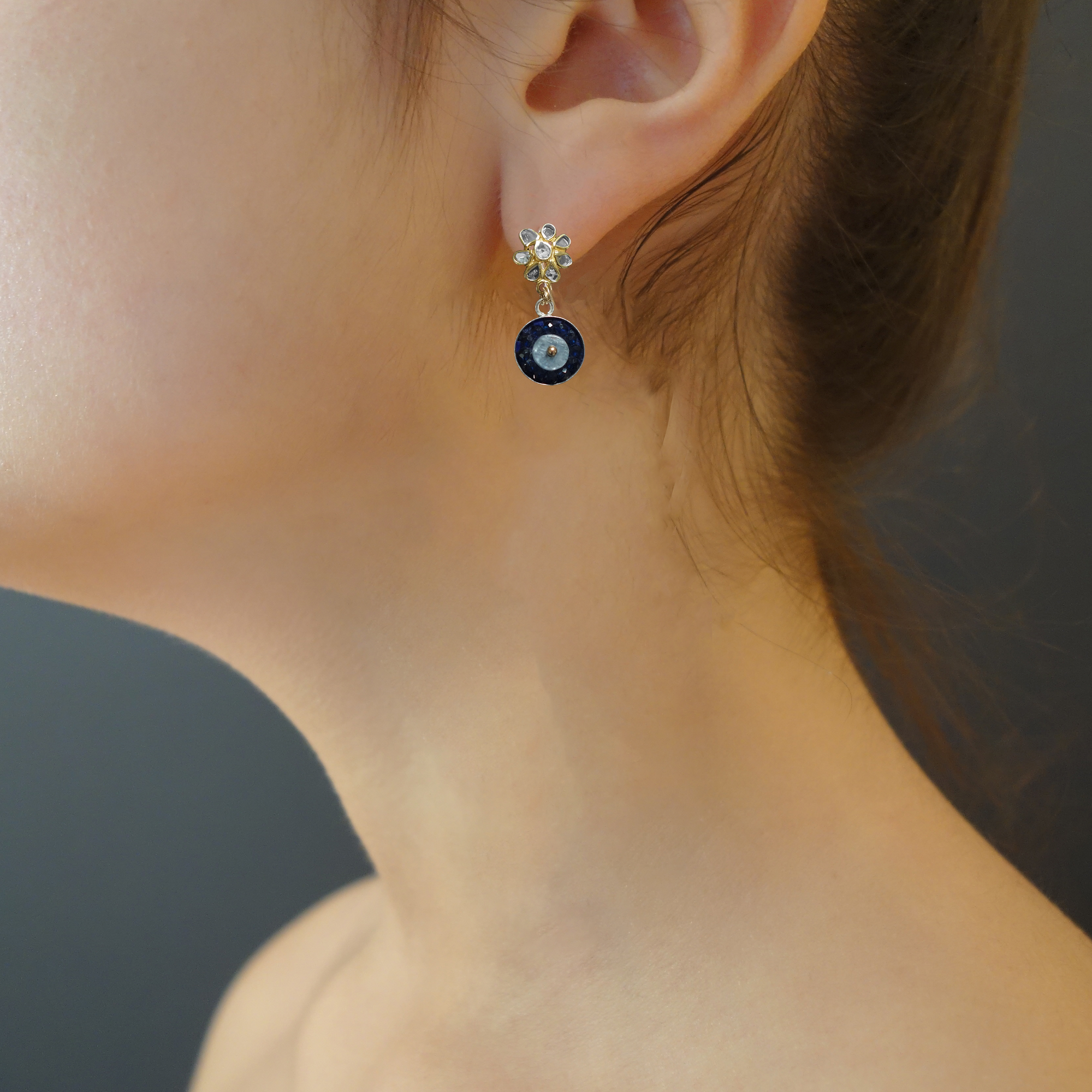 Diamond slice in gold + kyanite/sapphire mosaic earrings