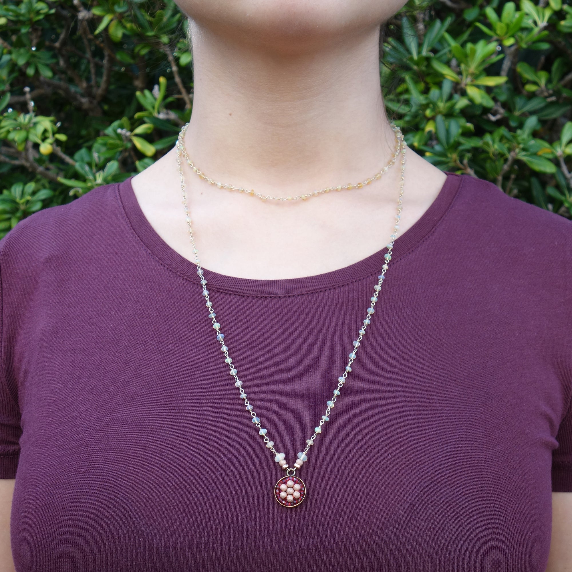 Rose Gold and Garnet with Rainbow Opal Necklace