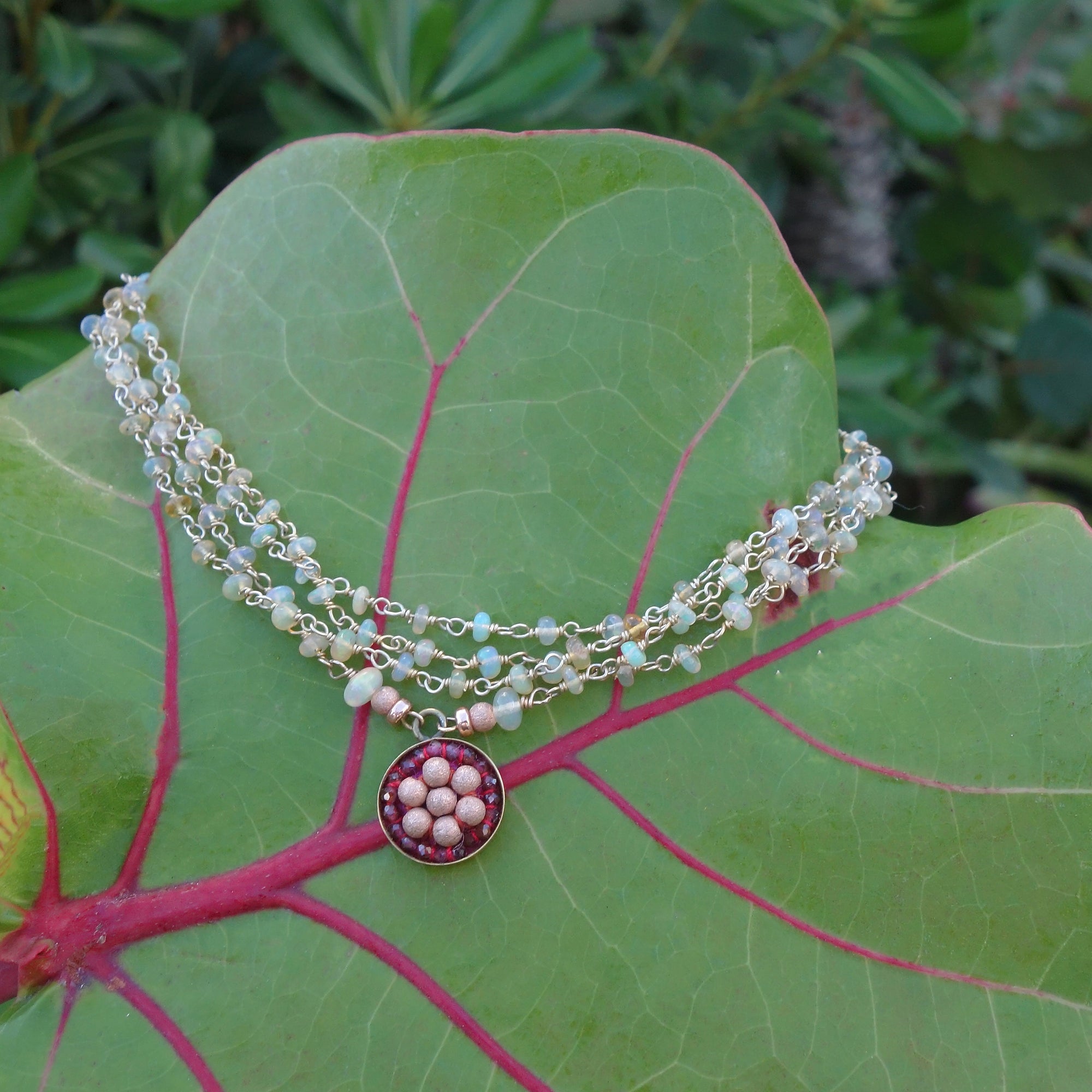 Rose Gold and Garnet with Rainbow Opal Necklace
