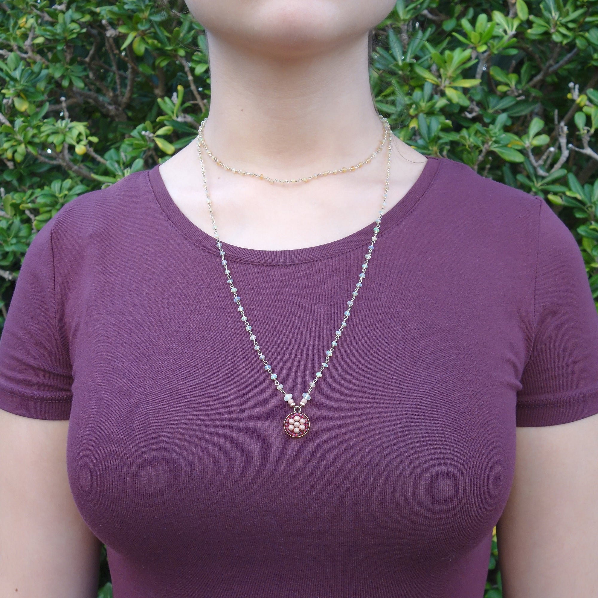 Rose Gold and Garnet with Rainbow Opal Necklace
