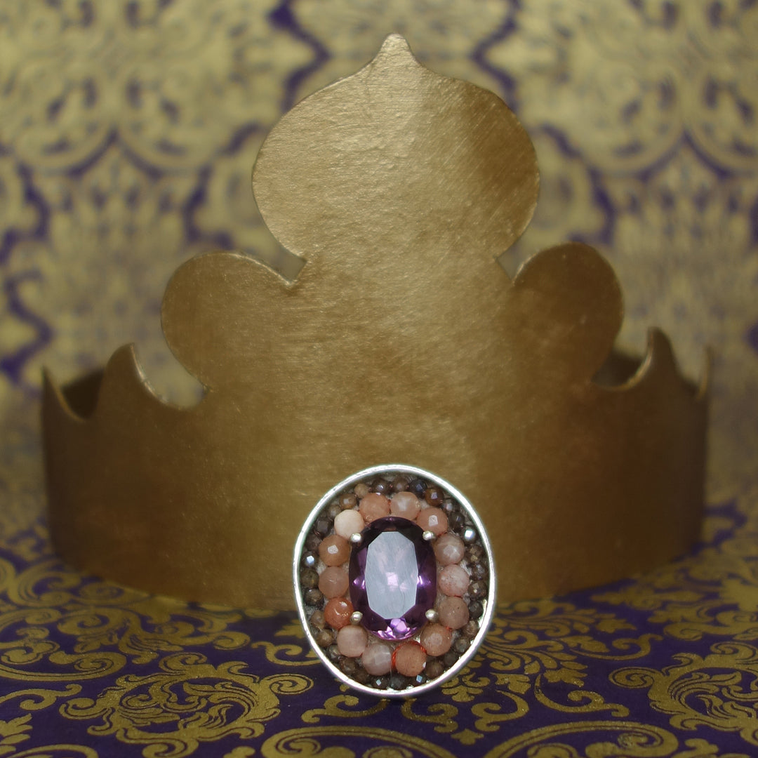 Amethyst, Coral, and Labradorite mosaic ring