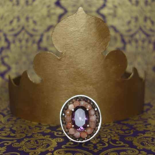 Amethyst, Coral, and Labradorite mosaic ring