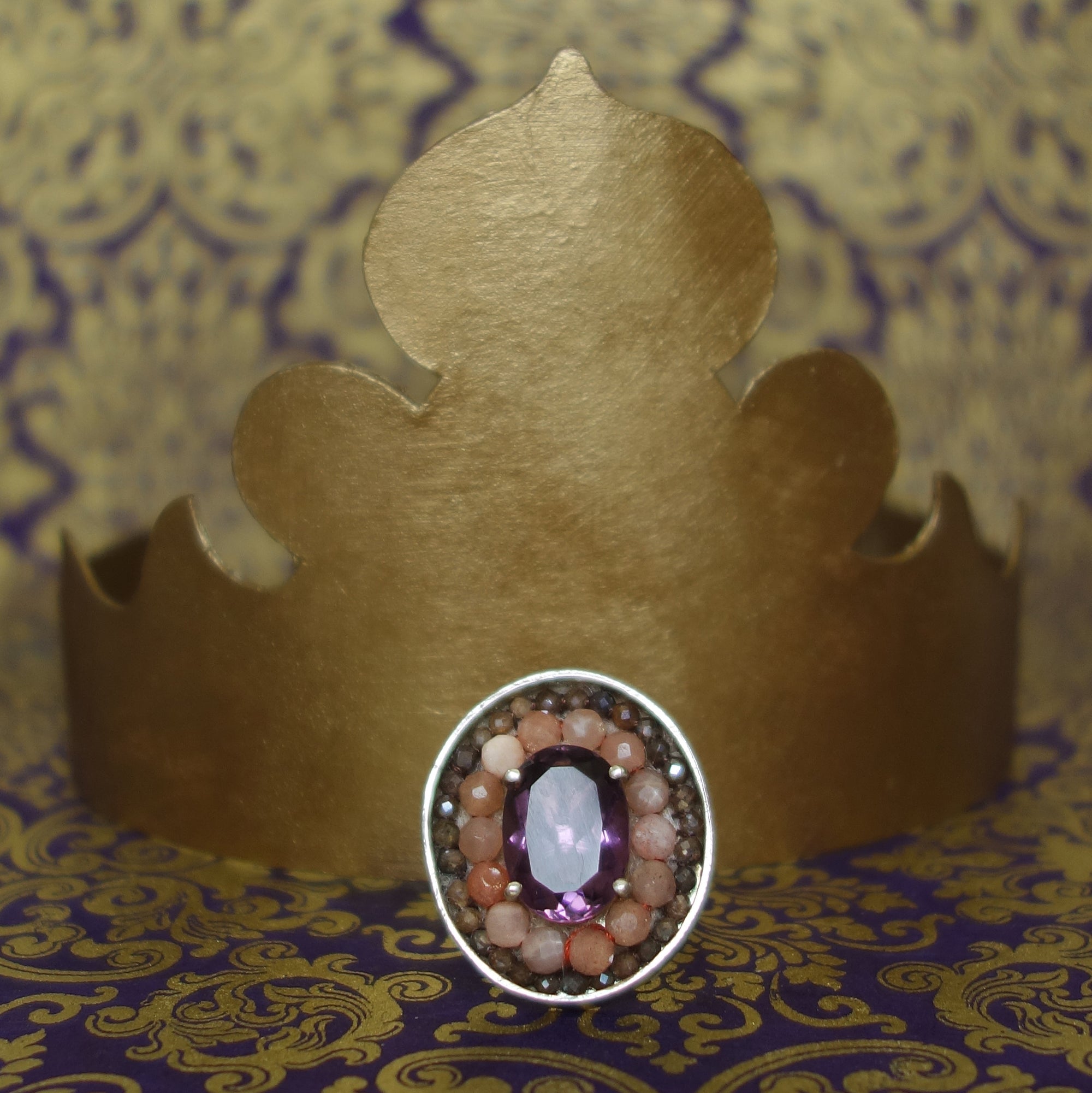 Amethyst, Coral, and Labradorite mosaic ring