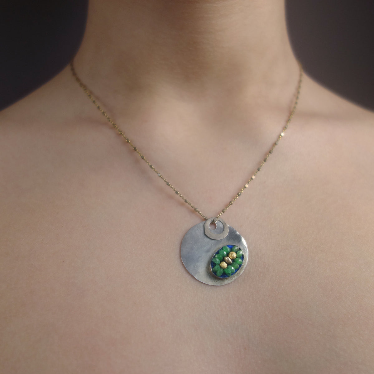 Emerald Mosaic on Hand Hammered Silver necklace