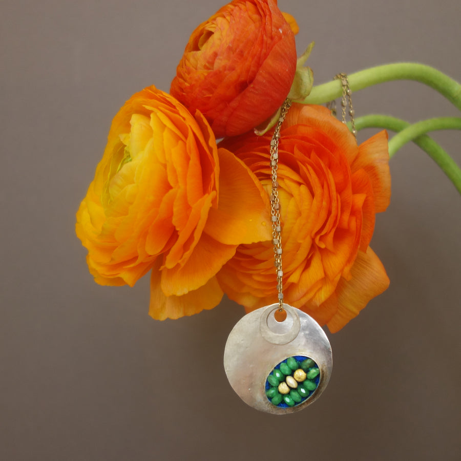 Emerald Mosaic on Hand Hammered Silver necklace