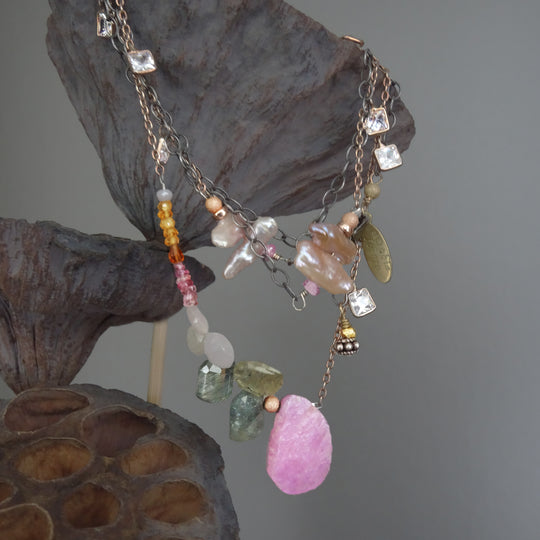 Shine on Harvest Moon (sapphire, opal, and rose gold necklace)