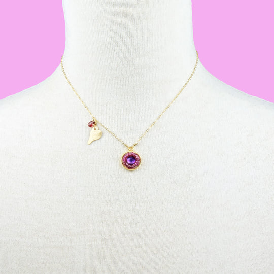 Her Heart Burst, Overjoyed: amethyst heart and ruby mosaic necklace