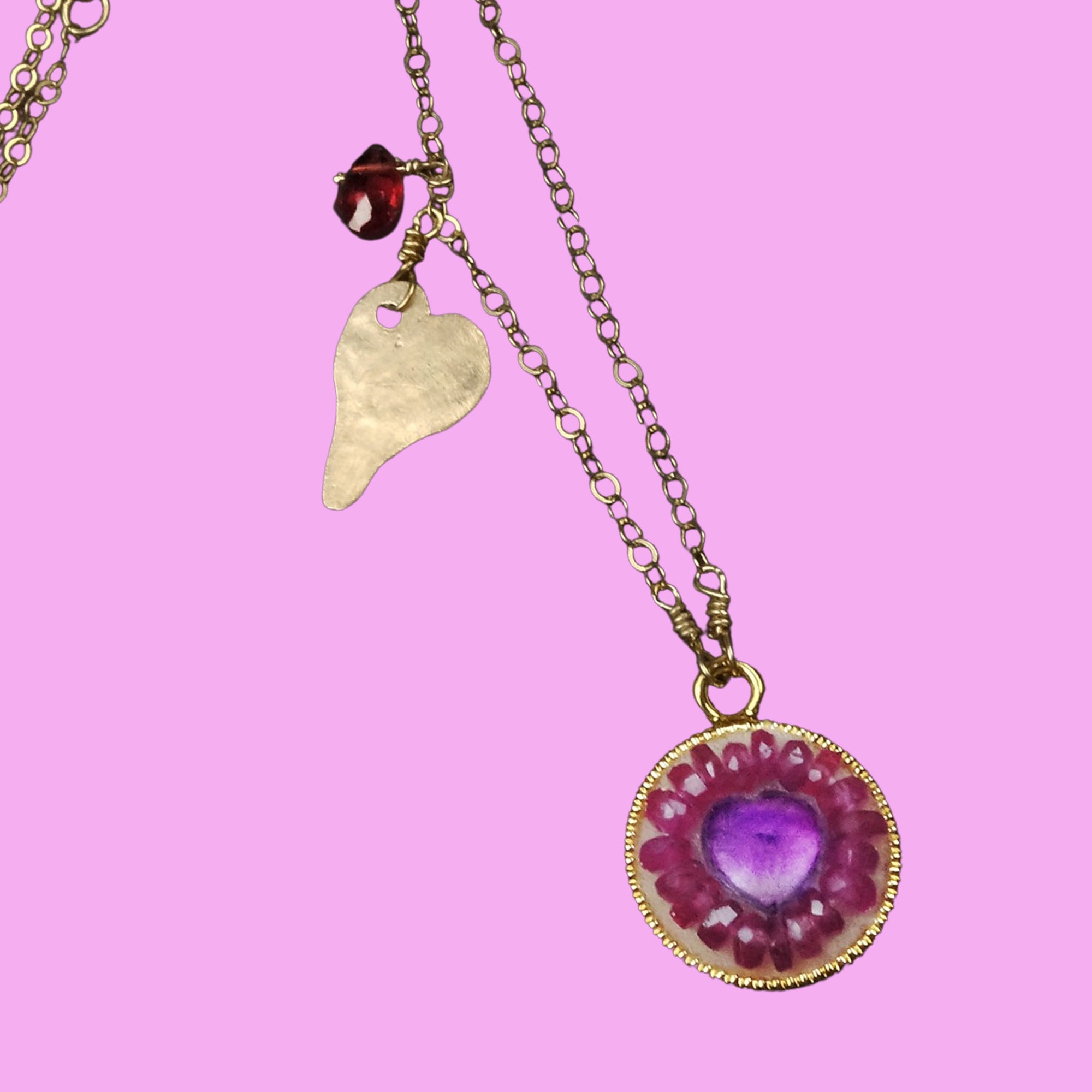 Her Heart Burst, Overjoyed: amethyst heart and ruby mosaic necklace