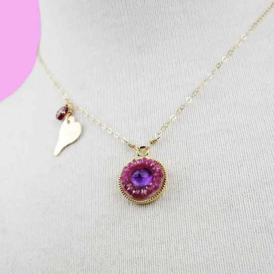 Her Heart Burst, Overjoyed: amethyst heart and ruby mosaic necklace