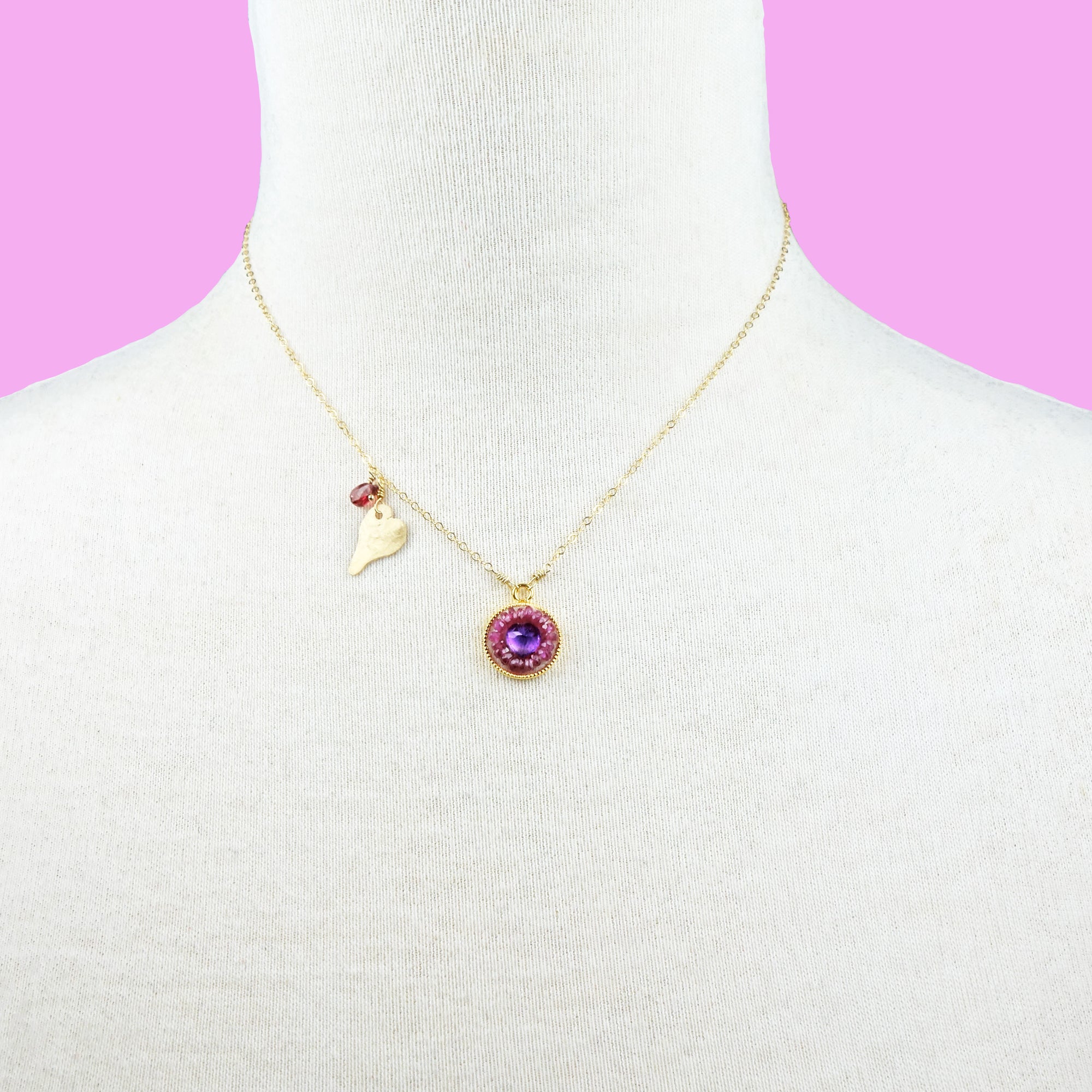 Her Heart Burst, Overjoyed: amethyst heart and ruby mosaic necklace