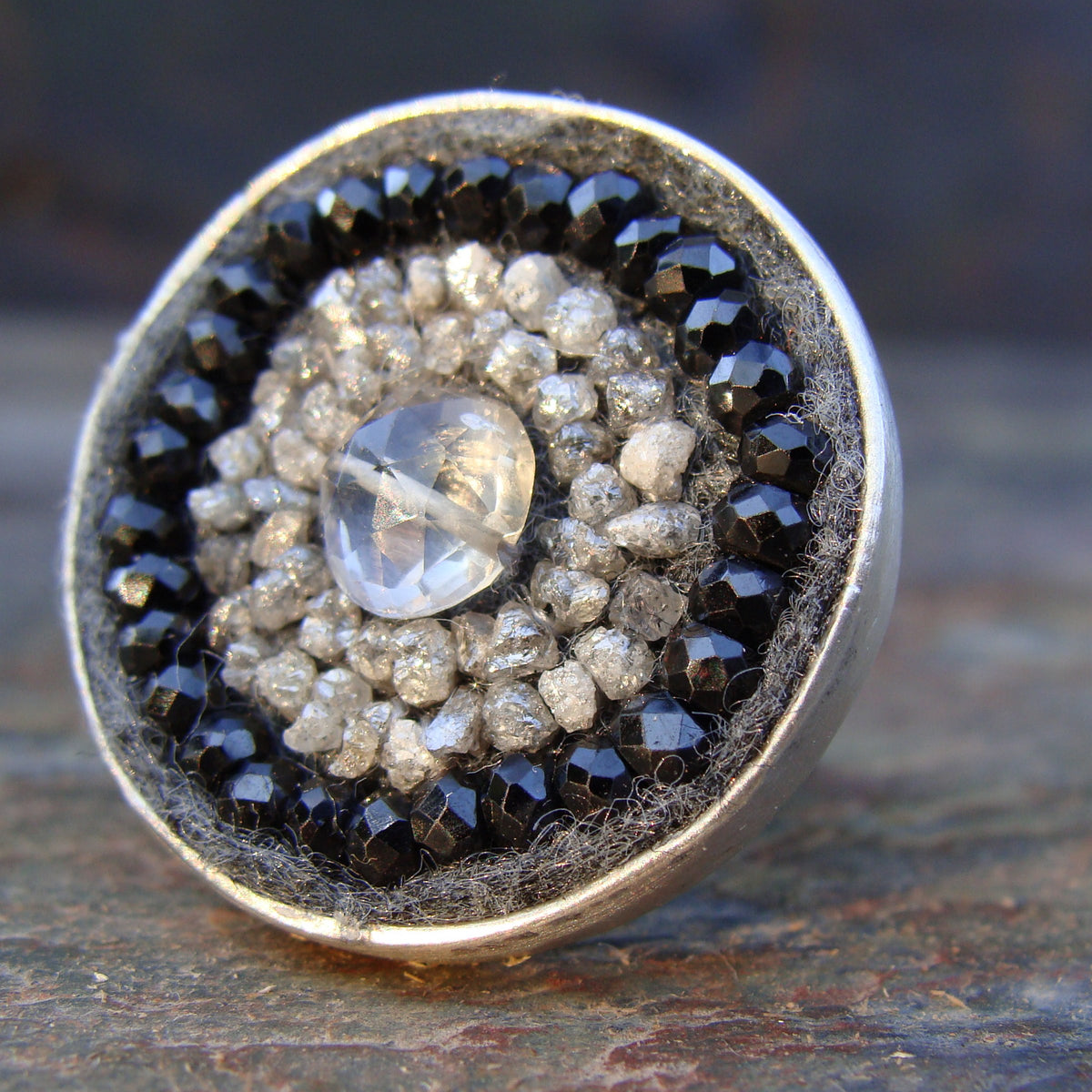 Raw diamond and black sapphire mosaic ring