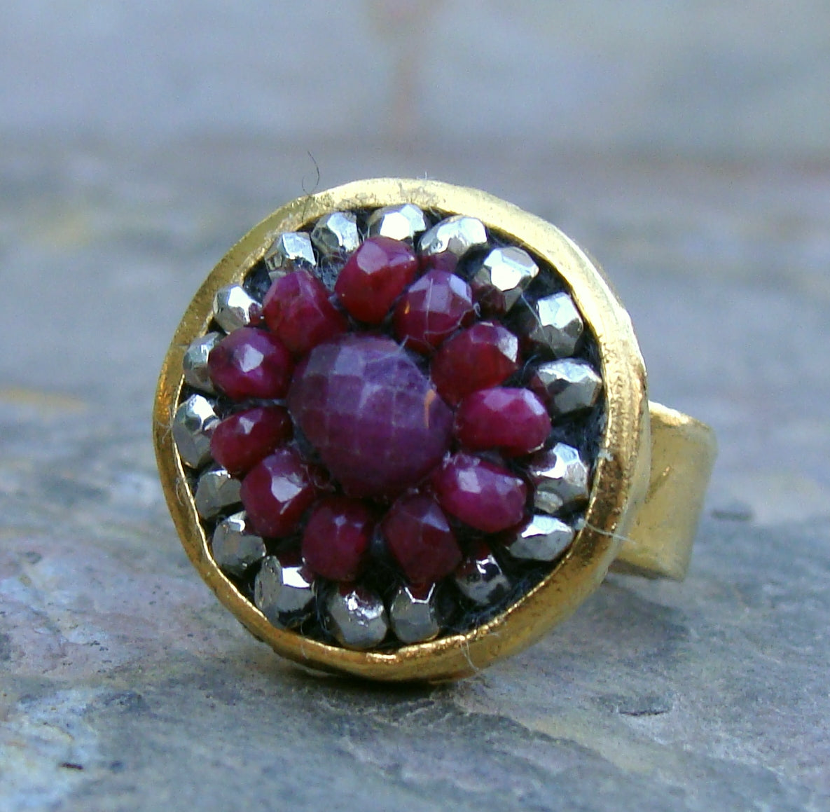Lady in Red ruby and pyrite mosaic ring