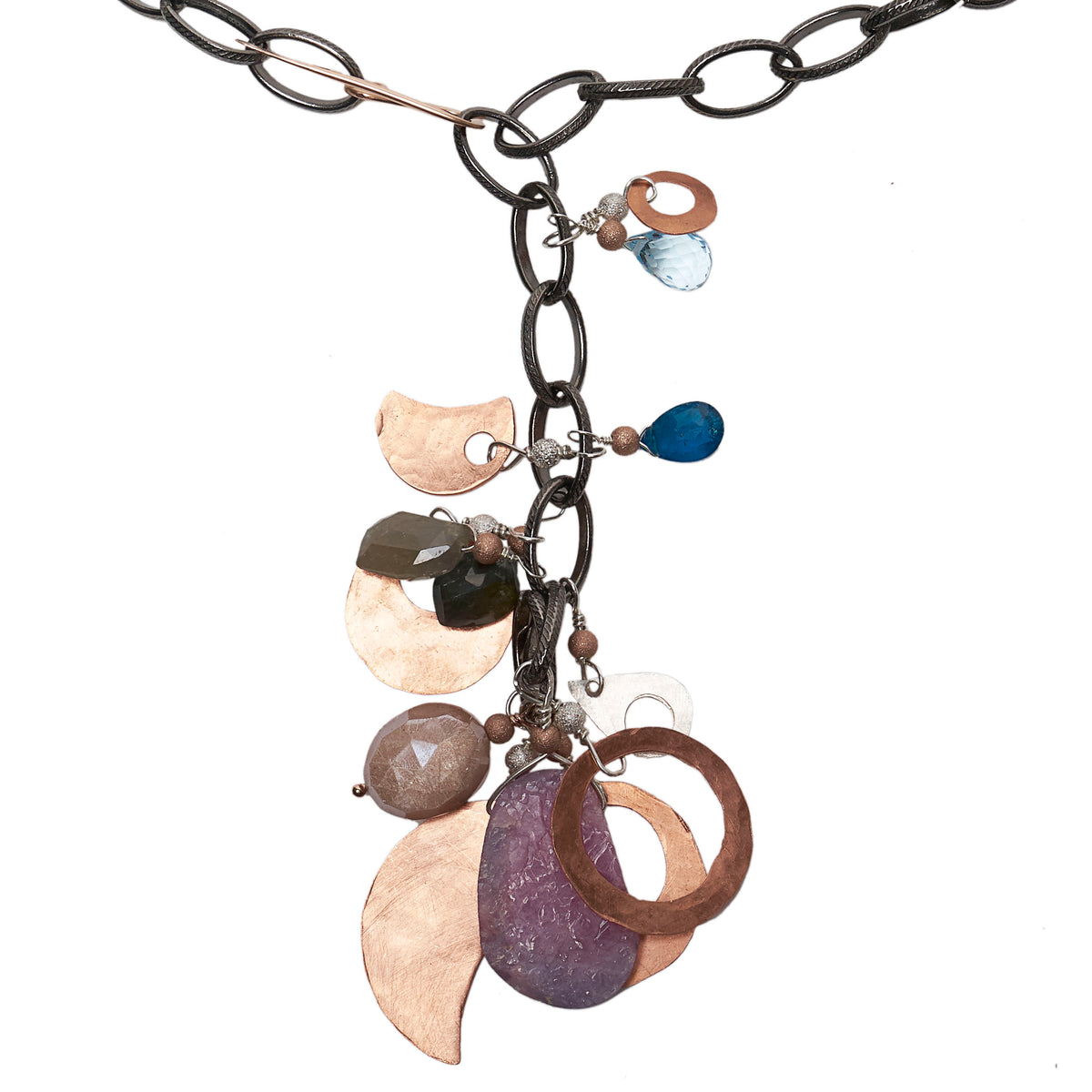 Rhodocrosite, London Blue Topaz, Hand Hammered Copper multi necklace