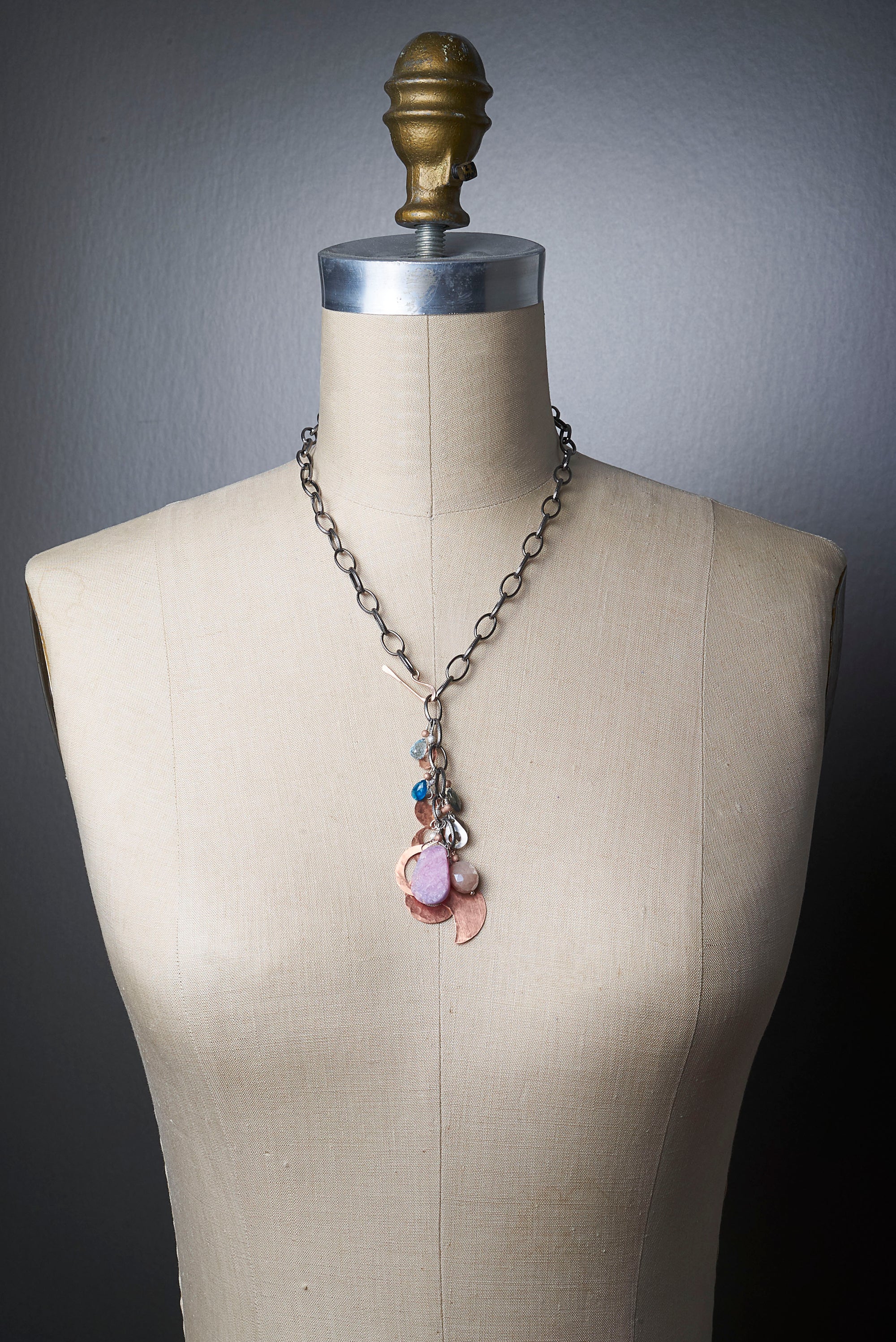 Rhodocrosite, London Blue Topaz, Hand Hammered Copper multi necklace