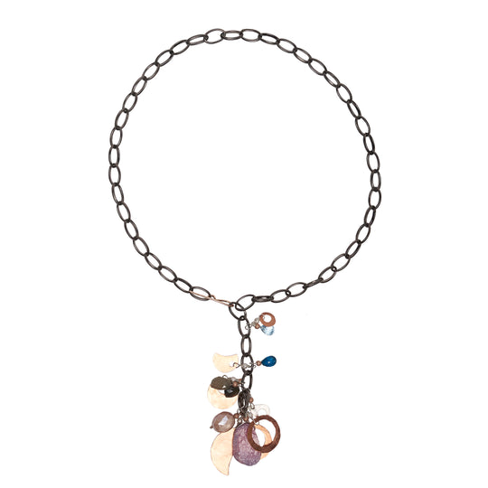 Rhodocrosite, London Blue Topaz, Hand Hammered Copper multi necklace