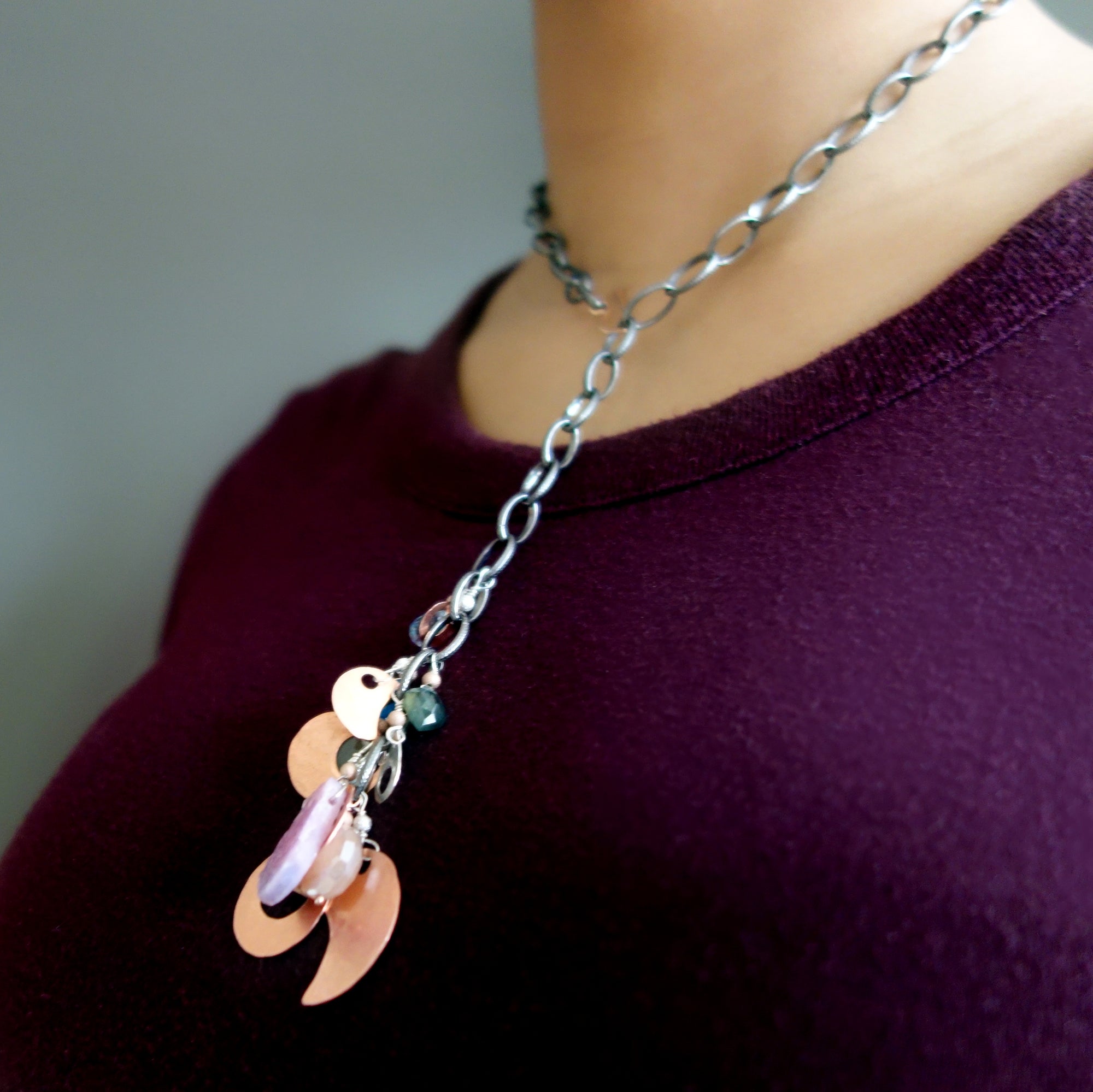 Rhodocrosite, London Blue Topaz, Hand Hammered Copper multi necklace