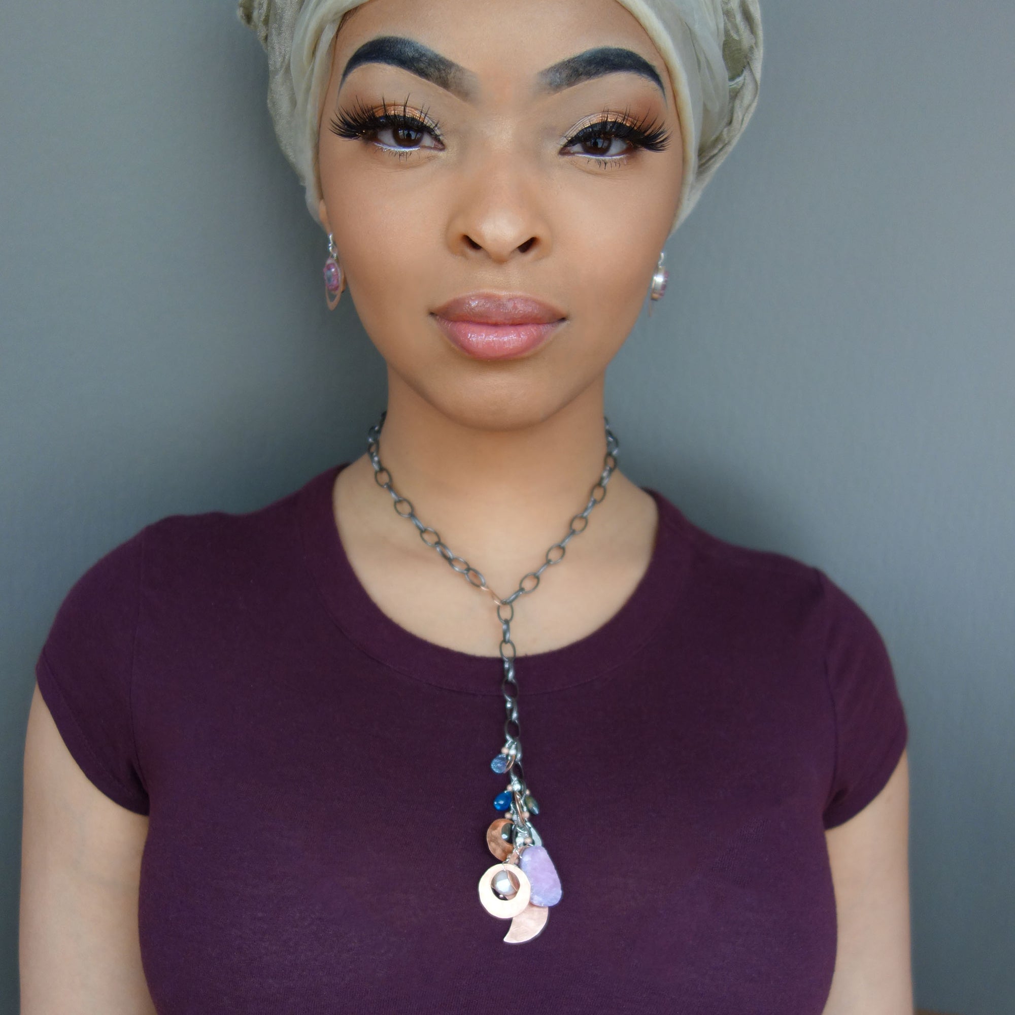 Rhodocrosite, London Blue Topaz, Hand Hammered Copper multi necklace