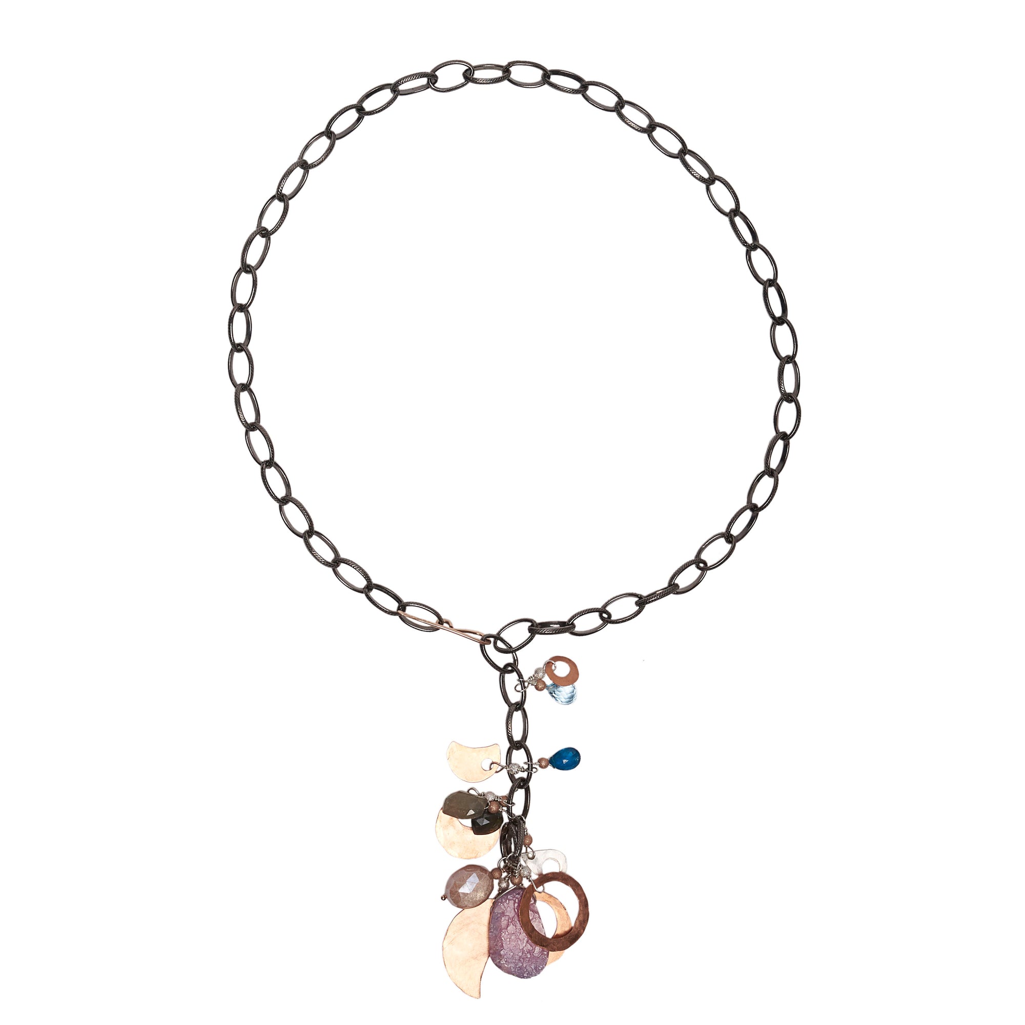 Rhodocrosite, London Blue Topaz, Hand Hammered Copper multi necklace