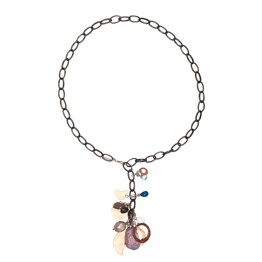 Rhodocrosite, London Blue Topaz, Hand Hammered Copper multi necklace