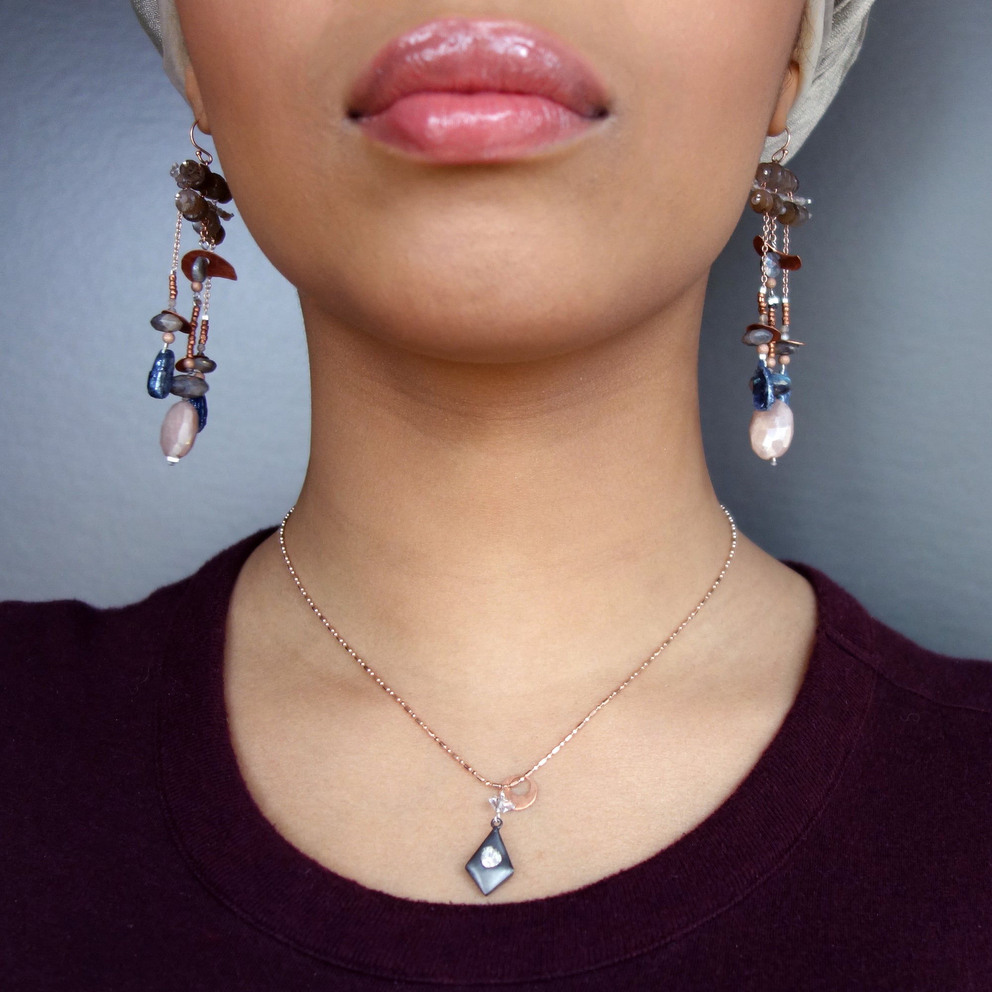 Moonstone, Sapphire, Copper Chandelier earring