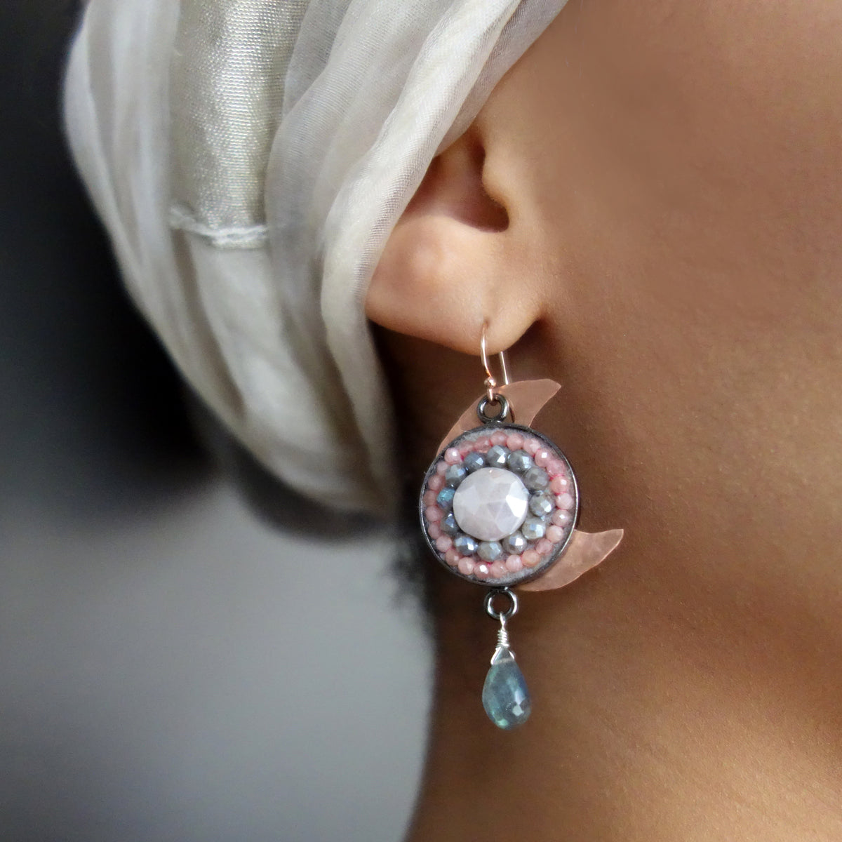 Silverite, Peach Moonstone, and Copper Moon Mosaic ear